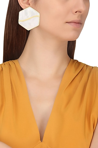 Gold Finish White Mother Of Pearl Hexagon Earrings by Varnika Arora