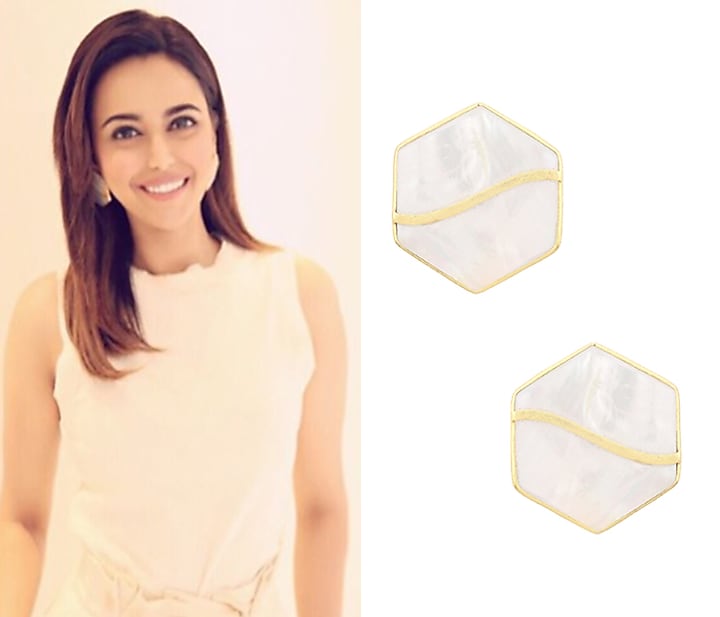 Gold finish white mother of pearl hexagon earrings available only at Pernia's Pop Up Shop.