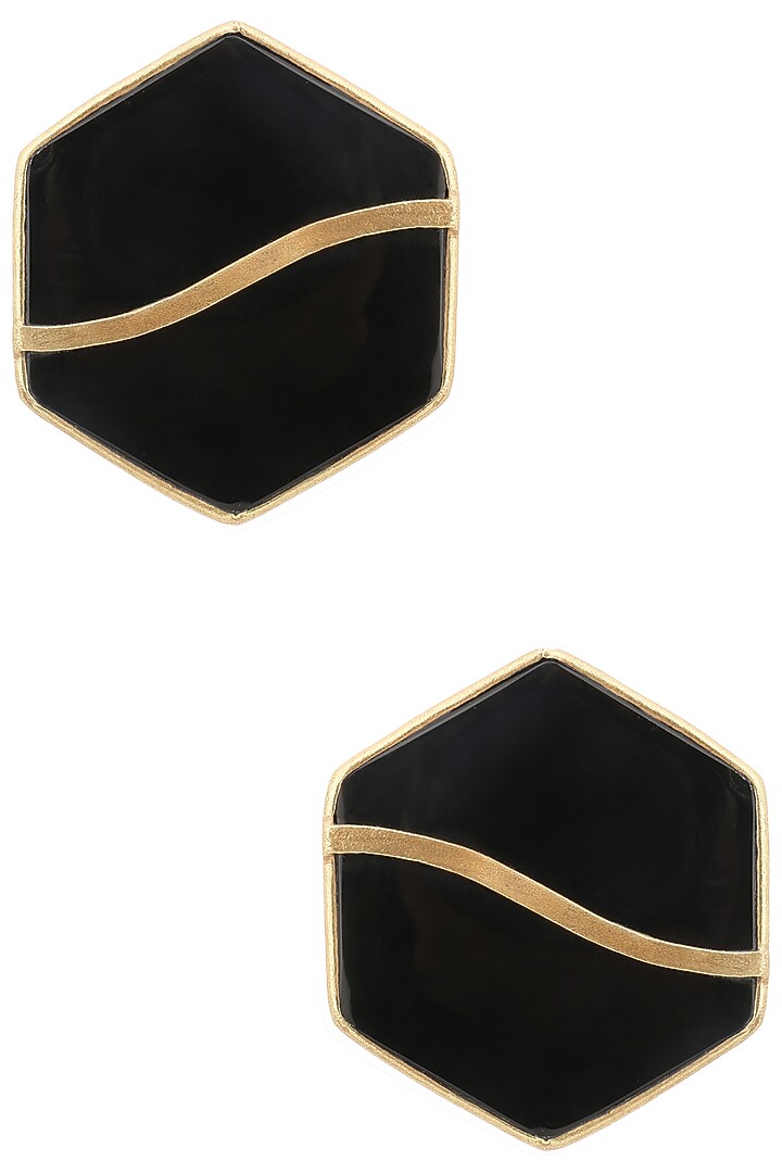 Gold finish black mother of pearl hexagon earrings available only at Pernia's Pop Up Shop.
