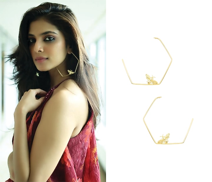 Gold finish killer bee hoops earrings available only at Pernia's Pop Up Shop.