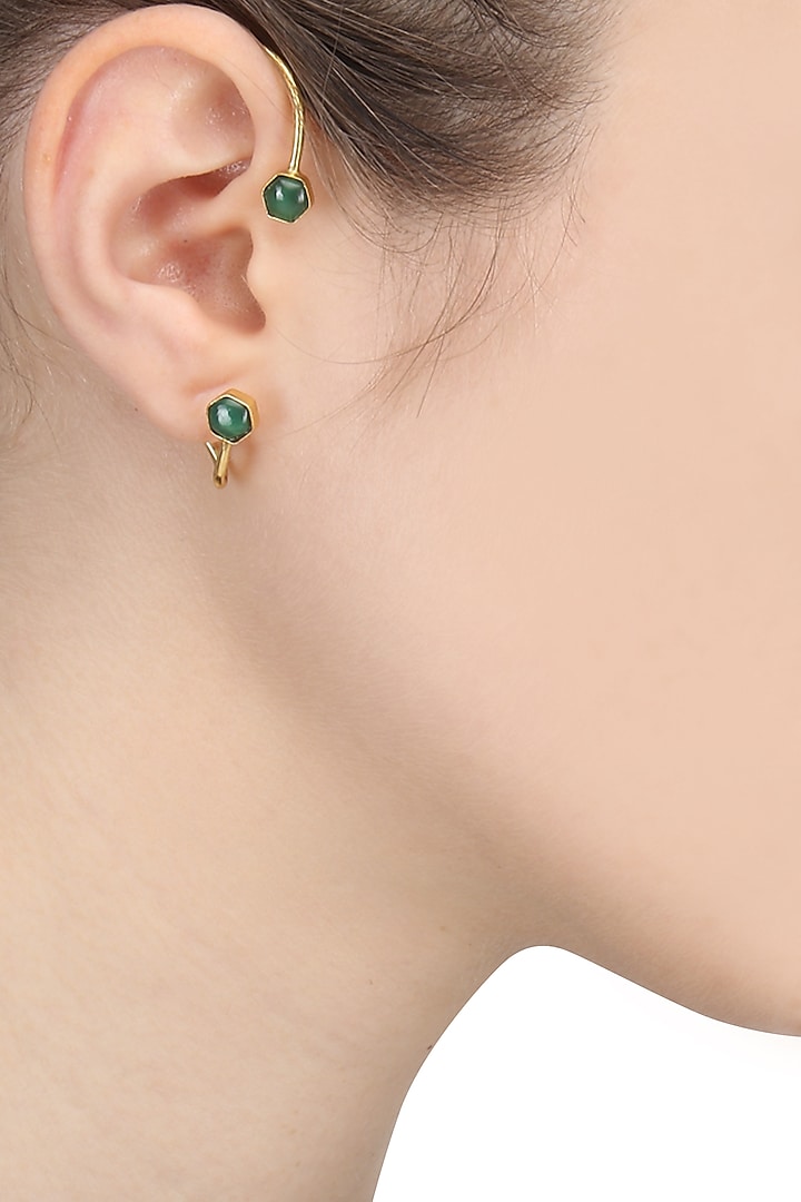 Gold Finish Green Onyx Ear Cuffs by Varnika Arora