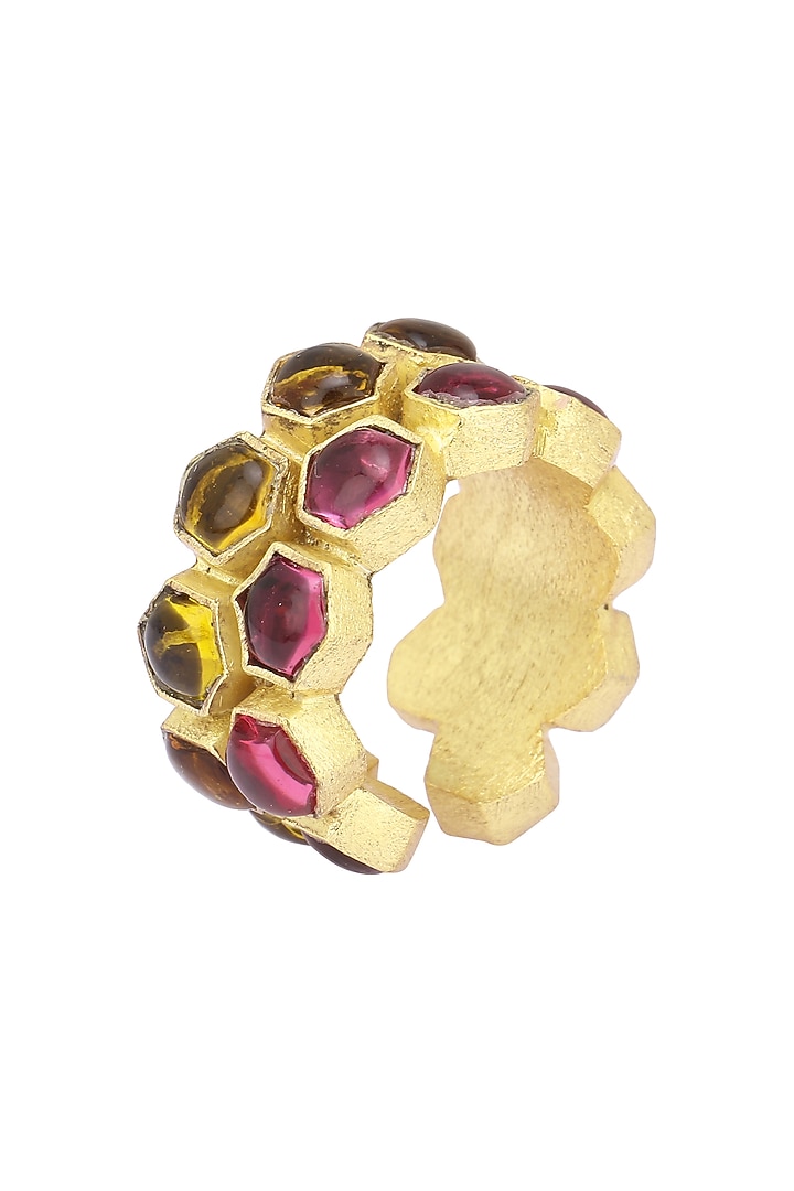 Gold finish bear and pink quartz beehive ring available only at Pernia's Pop Up Shop.