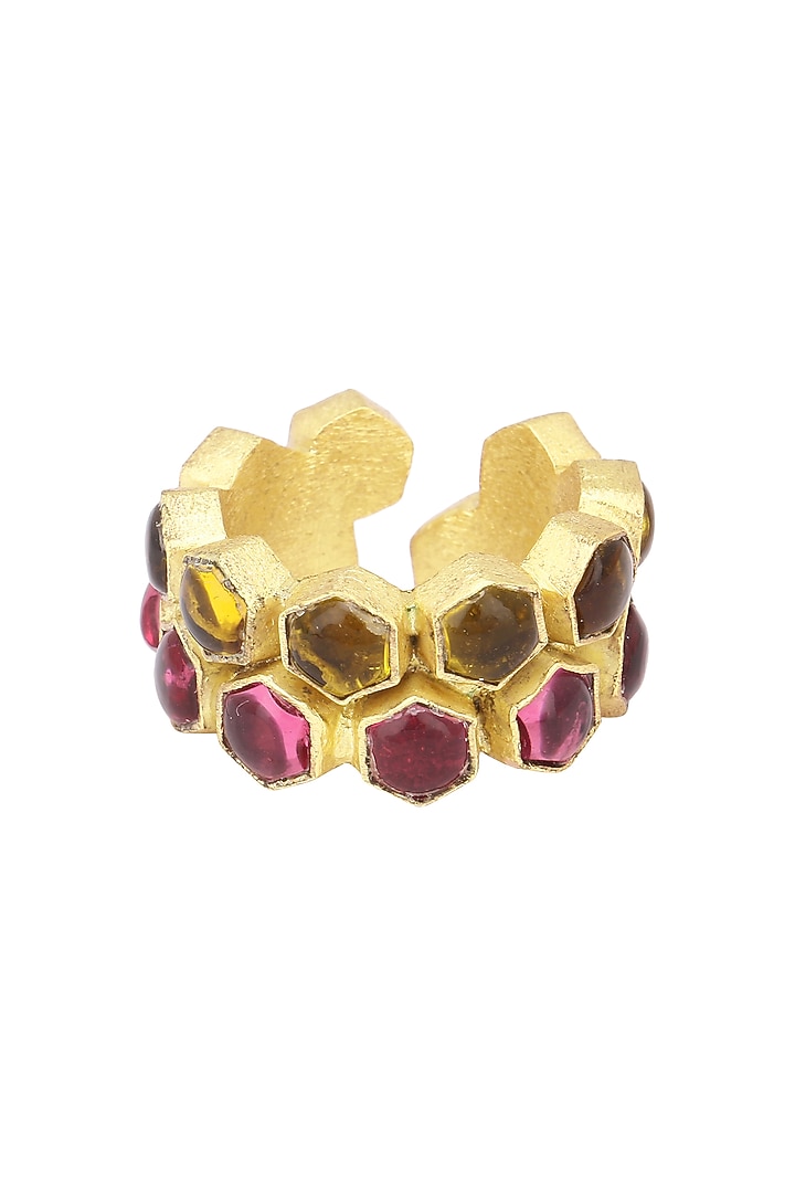 Gold finish bear and pink quartz beehive ring available only at Pernia's Pop Up Shop.