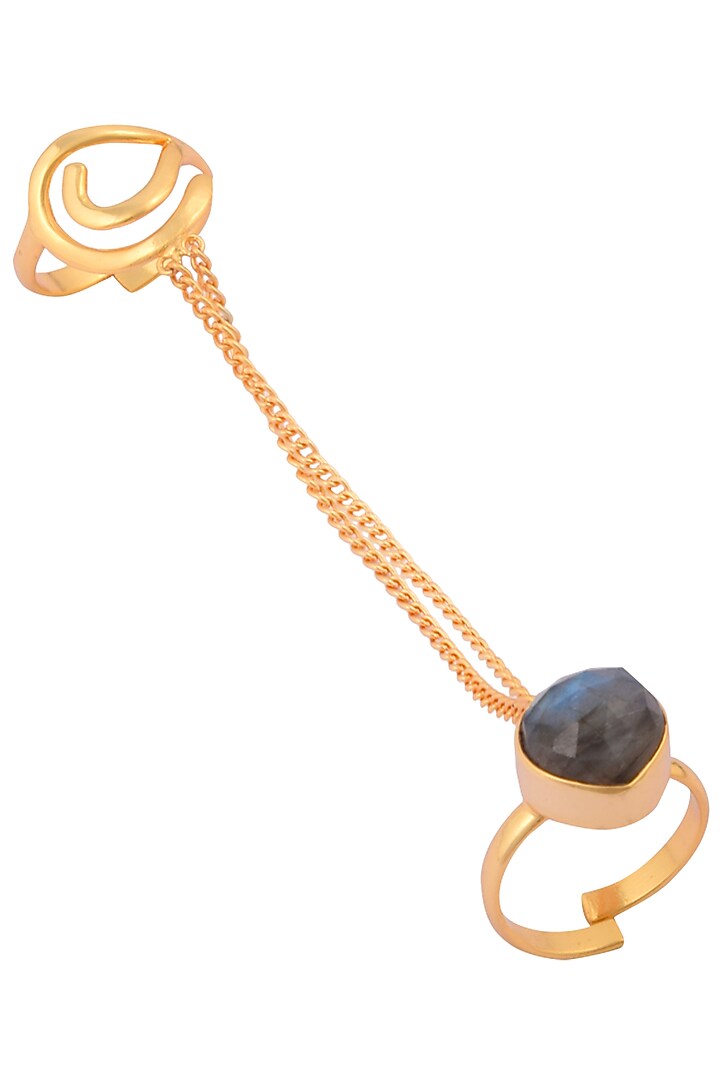 Varnika Arora presents Gold plated labrodite stone two finger ring available only at Pernia's Pop Up Shop.