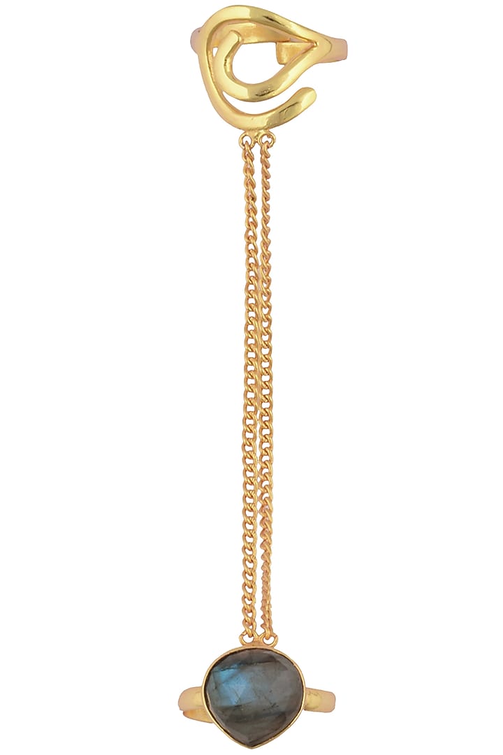 Varnika Arora presents Gold plated labrodite stone two finger ring available only at Pernia's Pop Up Shop.