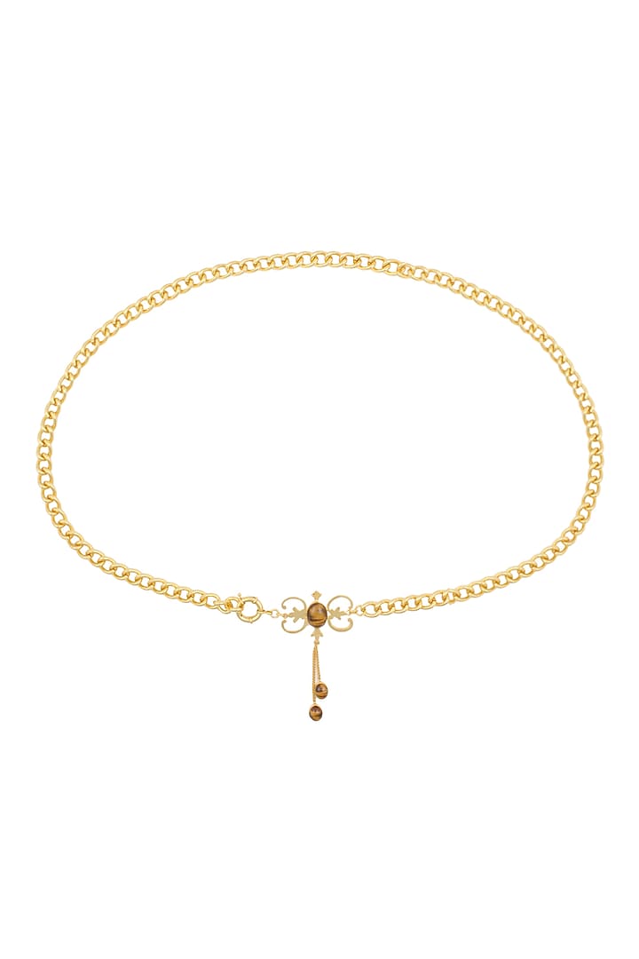 Varnika Arora presents Gold plated Tiger's eye stone statement belt available only at Pernia's Pop Up Shop.