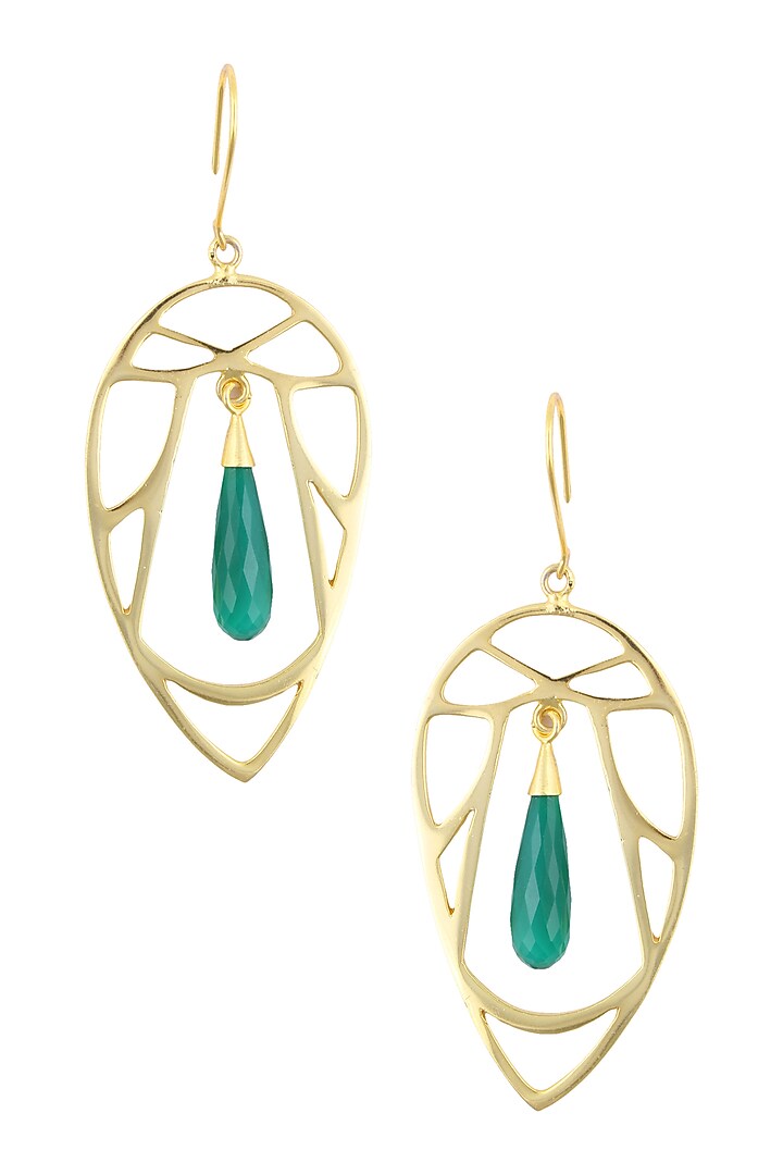 Varnika Arora presents Gold plated green onyx semi precious stone statement earrings available only at Pernia's Pop Up Shop.