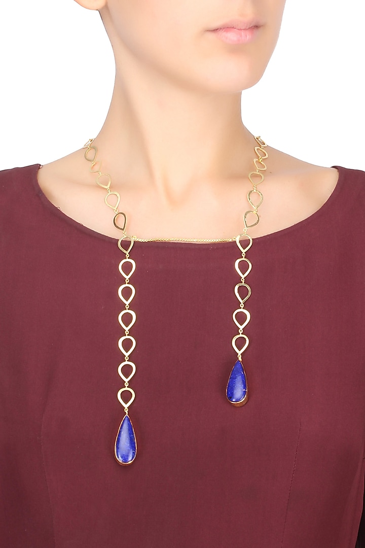Gold Plated Blue Lapis Lazuli Stone Open Necklace by Varnika Arora