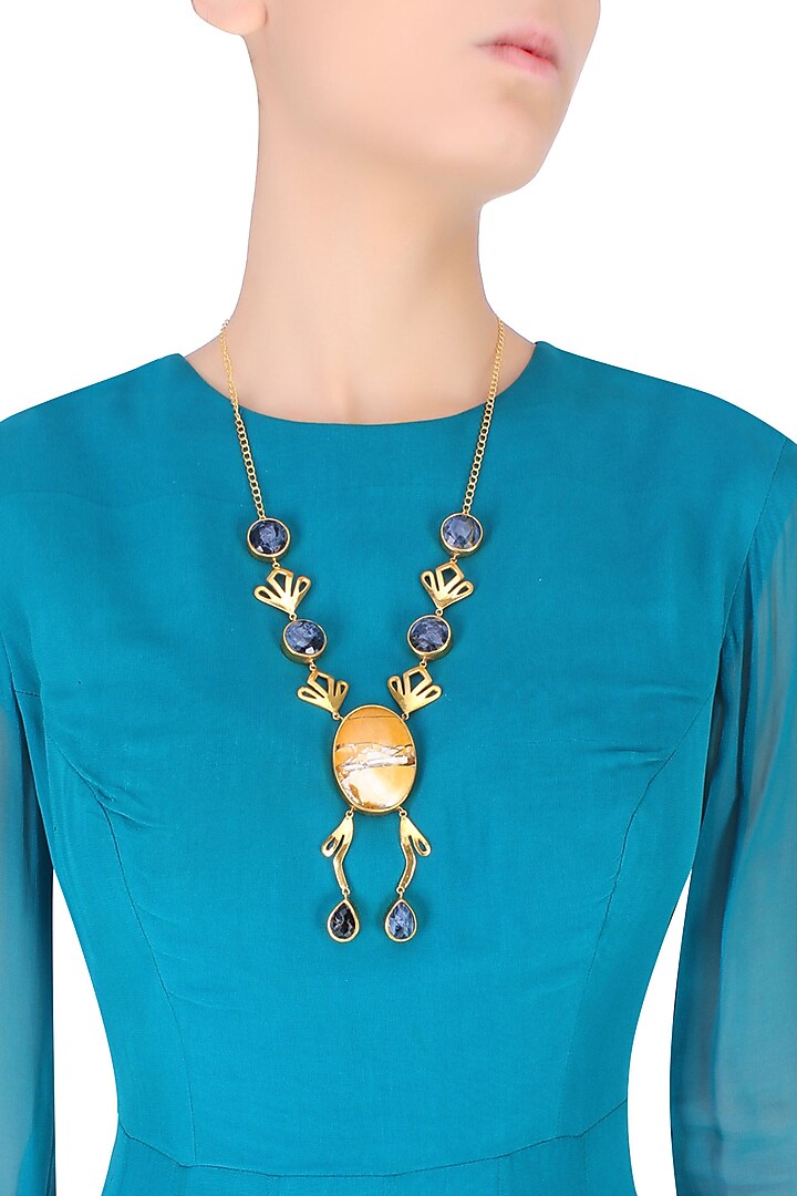 Gold Plated Petersite And Brecciate Mookite Pendant Drop Necklace by Varnika Arora