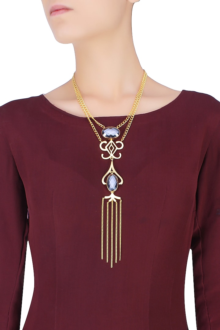 Gold Plated Tassel Drop Silicone Stone Necklace by Varnika Arora