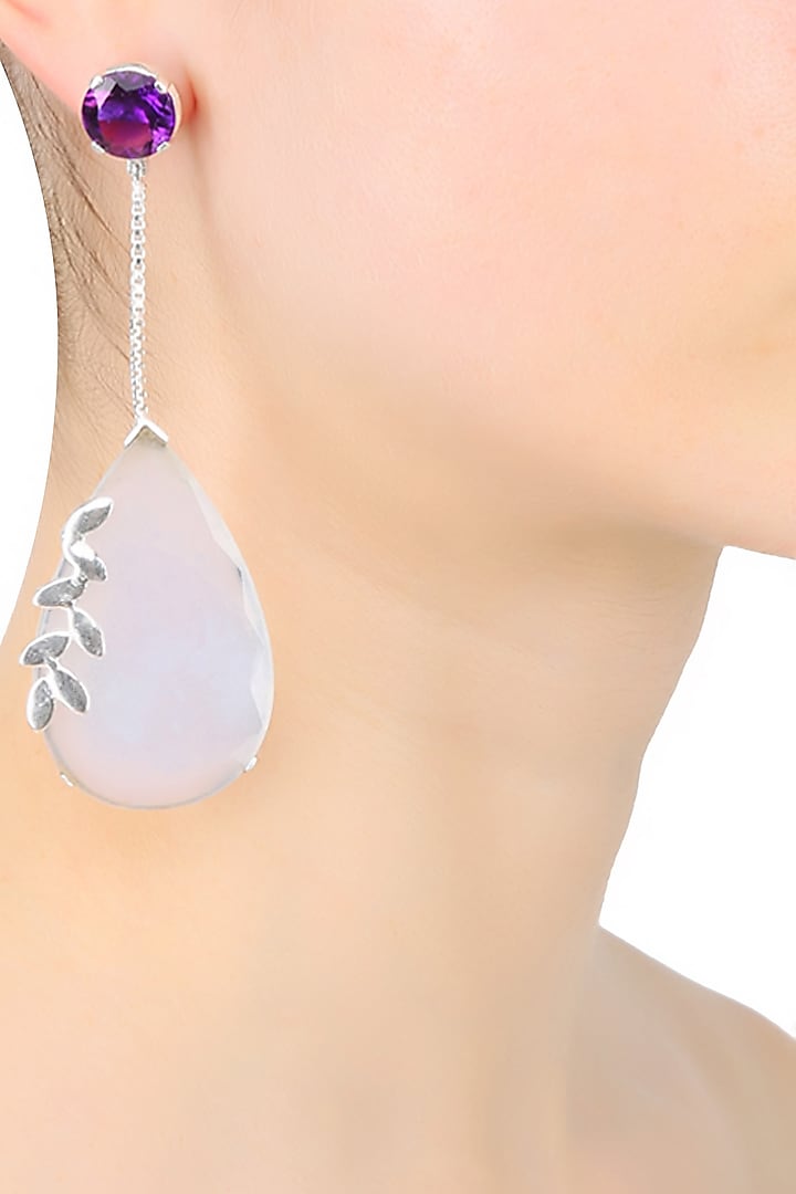 Silver plated amethyst and chalcedony stone drop earrings by Varnika Arora