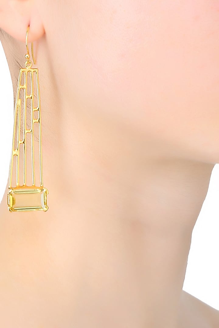 Gold Plated Citrine Stone Geometric Earrings by Varnika Arora