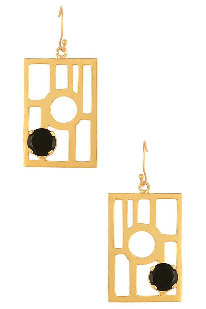 Varnika Arora presents Gold plated black onyx stone geometric earrings available only at Pernia's Pop Up Shop.