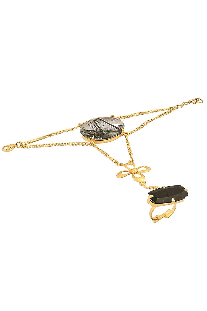 Varnika Arora presents Gold plated tourmaline quartz and black onyx stone hand harness available only at Pernia's Pop Up Shop.