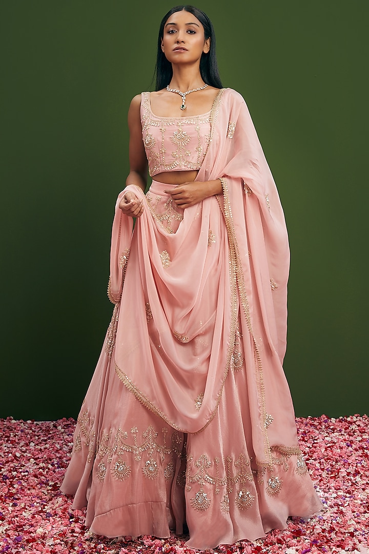 Blush Pink Tissue Silk Embroidered Lehenga Set by Vasavi Shah