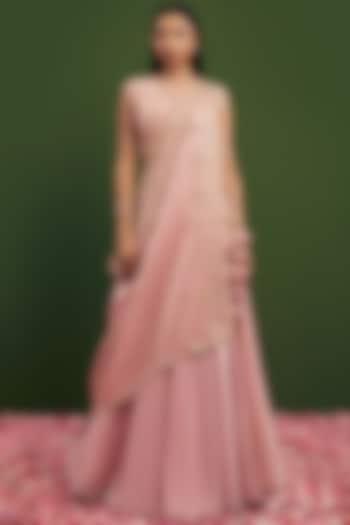 Blush Pink Tissue Silk Draped Wedding Lehenga Set by Vasavi Shah at Pernia's Pop Up Shop