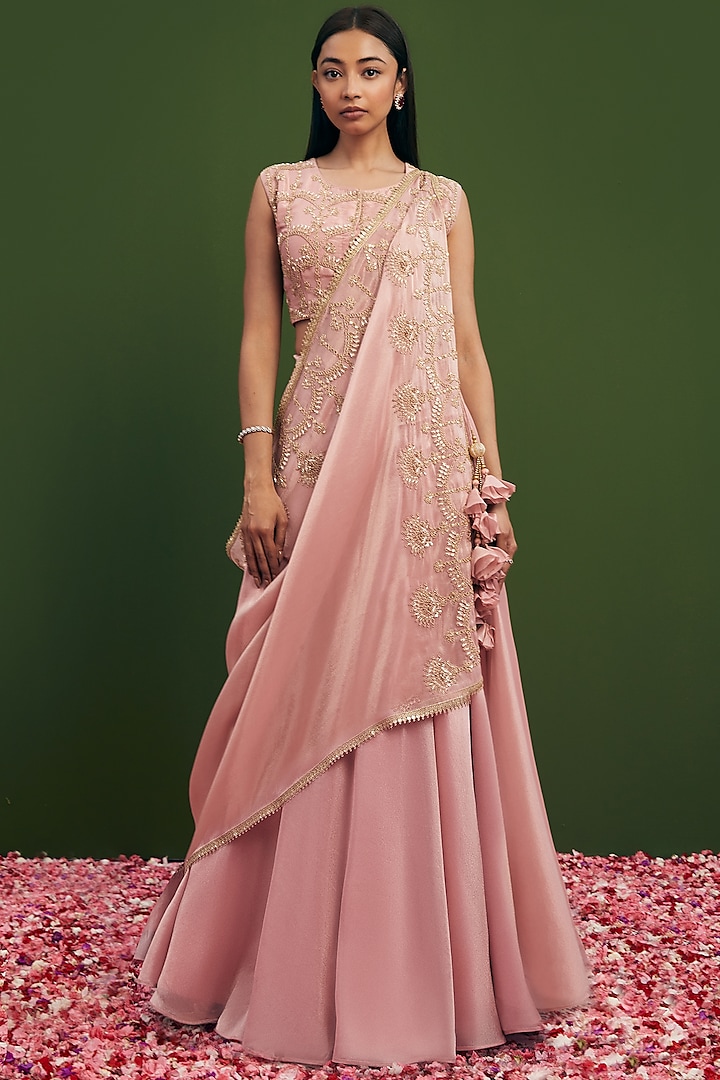 Blush Pink Tissue Silk Draped Lehenga Set by Vasavi Shah