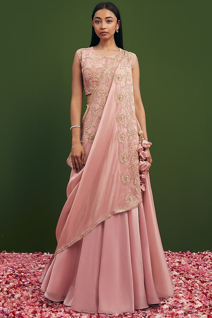 Blush Pink Tissue Silk Draped Wedding Lehenga Set by Vasavi Shah at Pernia's Pop Up Shop