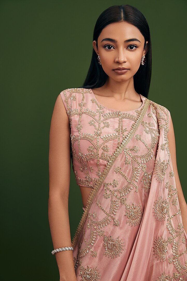 Blush Pink Tissue Silk Draped Wedding Lehenga Set by Vasavi Shah at Pernia's Pop Up Shop