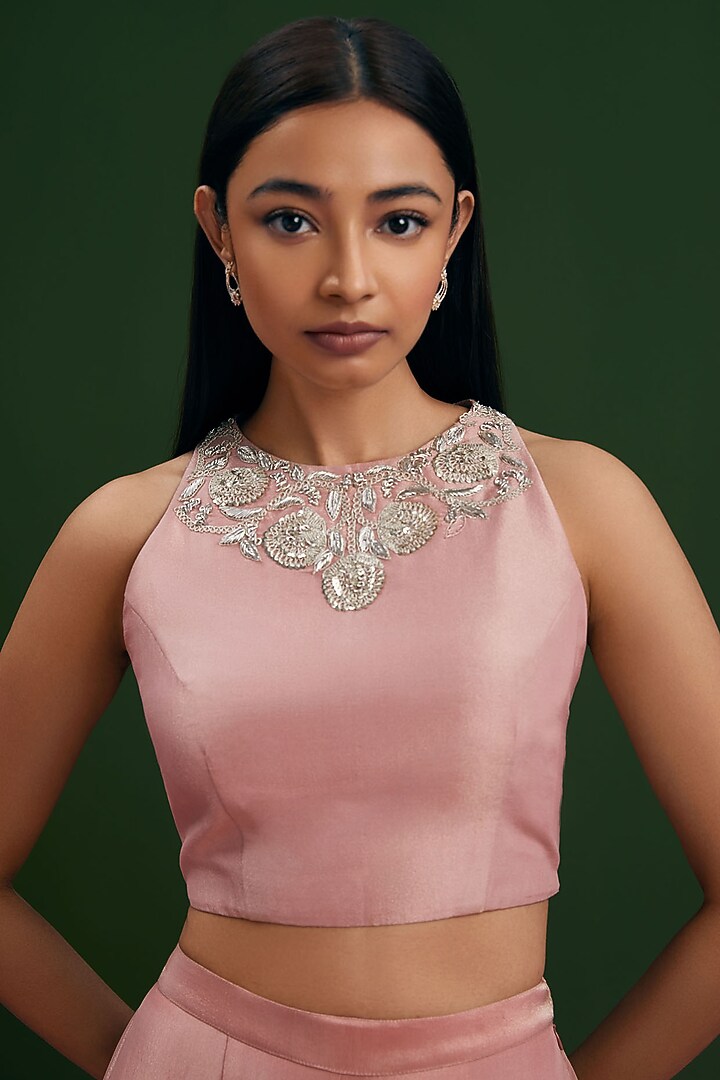 Blush Pink Tissue Silk Embroidered Crushed Palazzo Pant Set by Vasavi Shah at Pernia's Pop Up Shop
