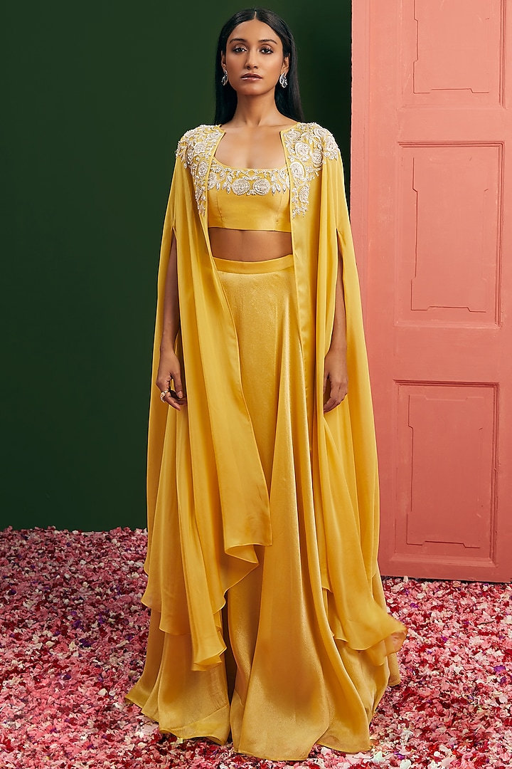 Lemon Yellow Silk Organza Sheer Embroidered Cape Set by Vasavi Shah