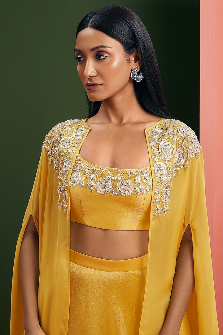Lemon Yellow Silk Organza Sheer Embroidered Cape Set by Vasavi Shah at Pernia's Pop Up Shop