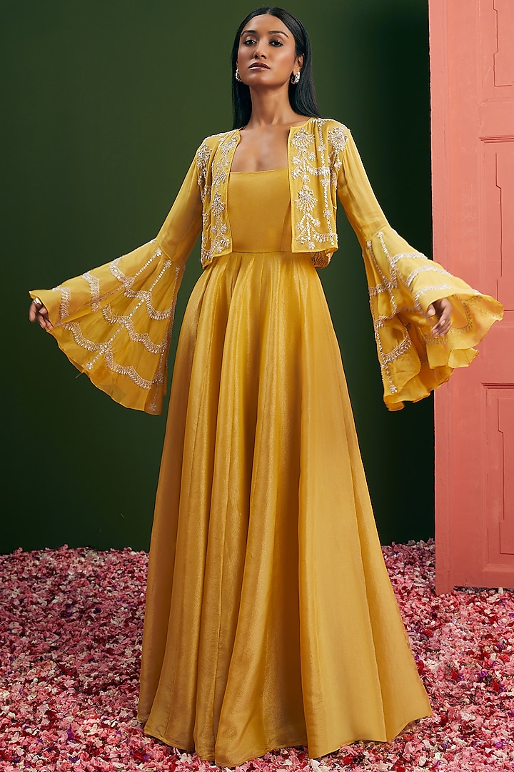 Lemon Yellow Tissue Silk Strappy Anarkali Set by Vasavi Shah
