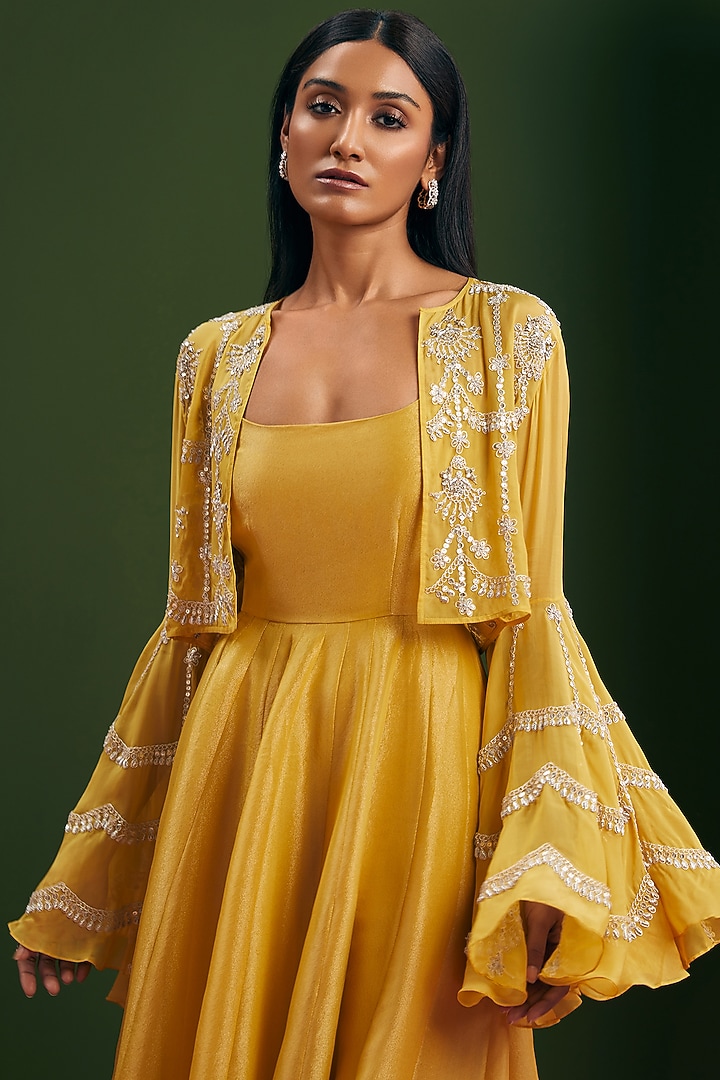 Lemon Yellow Tissue Silk Strappy Wedding Anarkali Set by Vasavi Shah at Pernia's Pop Up Shop