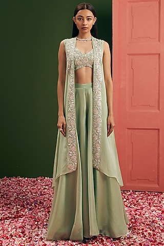 Mint Green Silk Organza Sheer Embroidered Jacket Set by Vasavi Shah