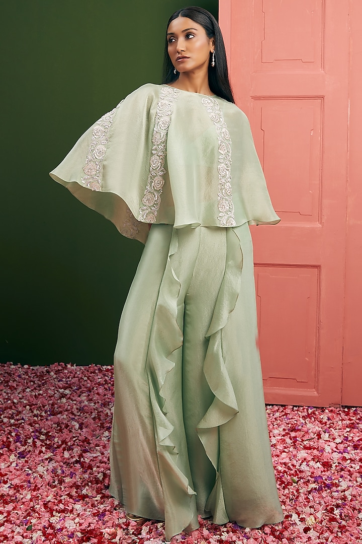 Mint Green Tissue Silk Ruffled Palazzo Pant Set by Vasavi Shah