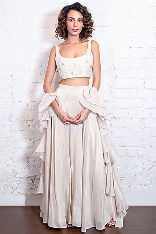 Ivory Silk Tissue Lehenga Set by Vasavi Shah