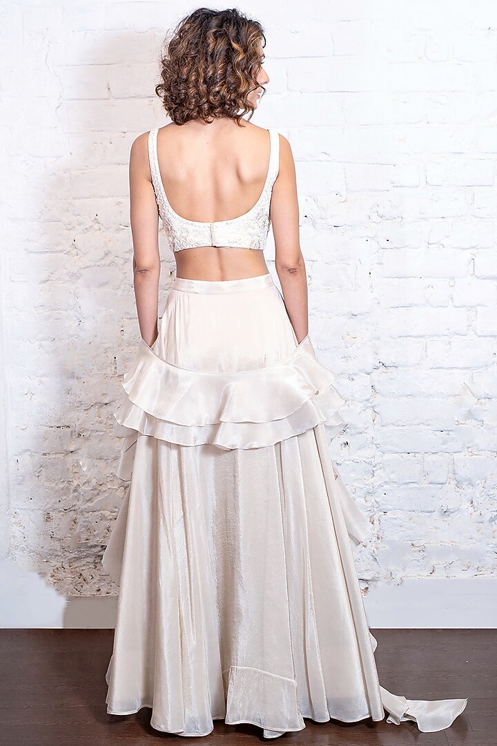 Ivory Silk Tissue Wedding Lehenga Set by Vasavi Shah at Pernia's Pop Up Shop