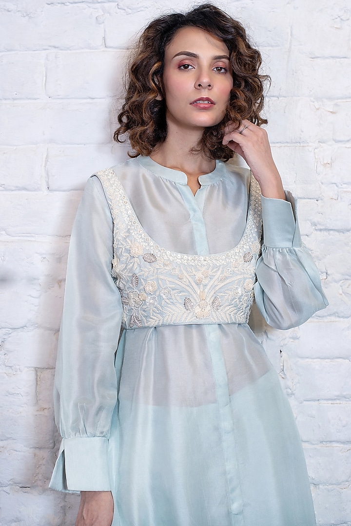 Turquoise Blue Silk Tissue Shirt Kurta Set by Vasavi Shah at Pernia's Pop Up Shop