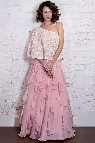 Blush Pink Silk Organza Ruffled Lehenga Set by Vasavi Shah