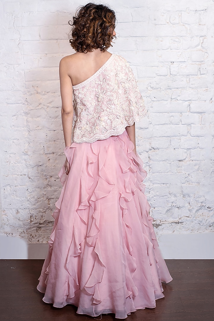 Blush Pink Silk Organza Ruffled Wedding Lehenga Set by Vasavi Shah at Pernia's Pop Up Shop