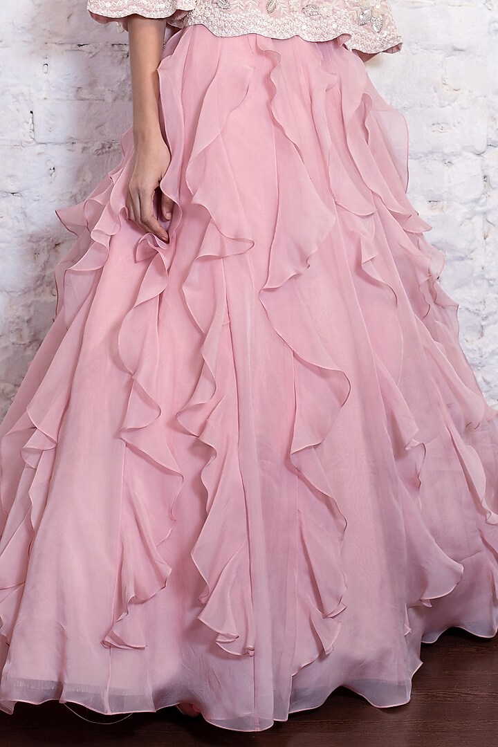 Blush Pink Silk Organza Ruffled Wedding Lehenga Set by Vasavi Shah at Pernia's Pop Up Shop