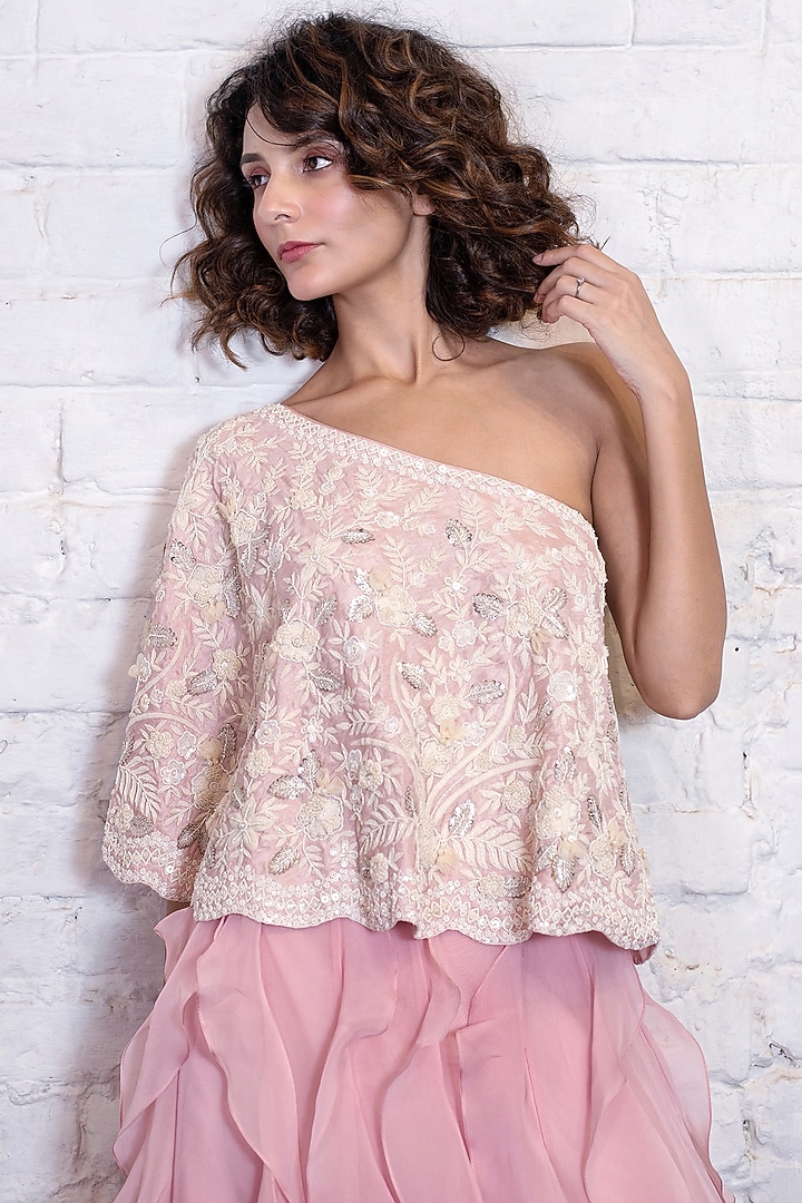 Blush Pink Silk Organza Ruffled Wedding Lehenga Set by Vasavi Shah at Pernia's Pop Up Shop