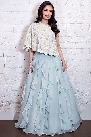 Turquoise Blue Silk Organza Ruffled Lehenga Set by Vasavi Shah