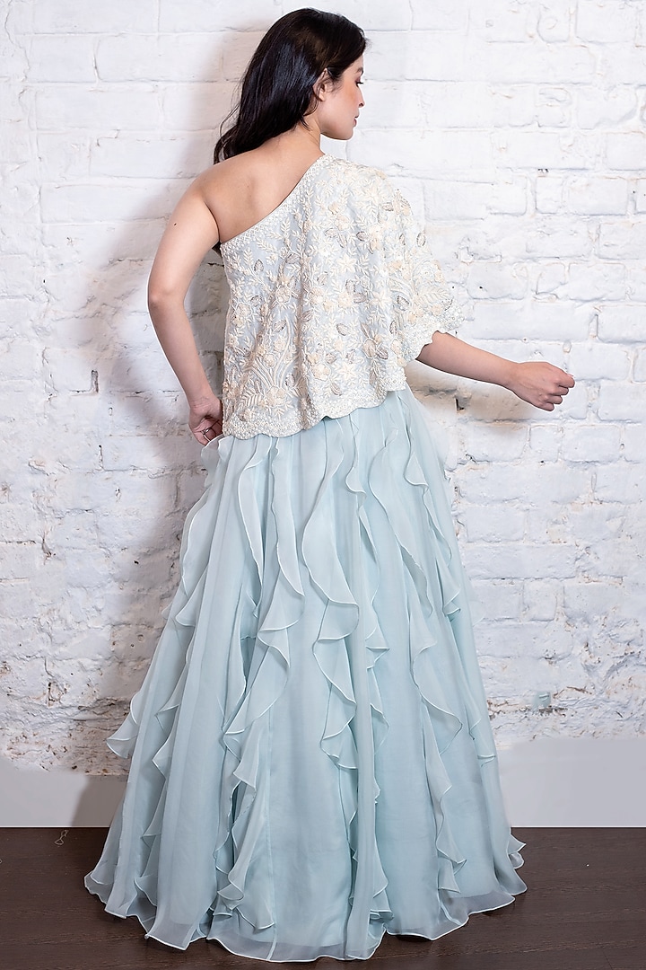 Turquoise Blue Silk Organza Ruffled Wedding Lehenga Set by Vasavi Shah at Pernia's Pop Up Shop