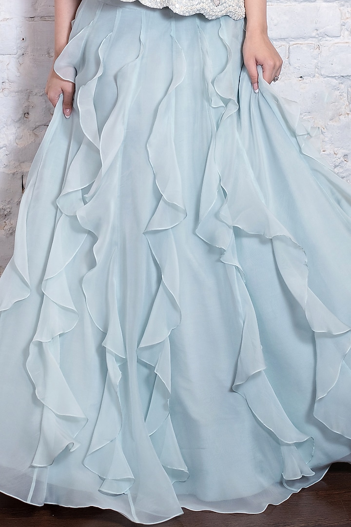 Turquoise Blue Silk Organza Ruffled Wedding Lehenga Set by Vasavi Shah at Pernia's Pop Up Shop