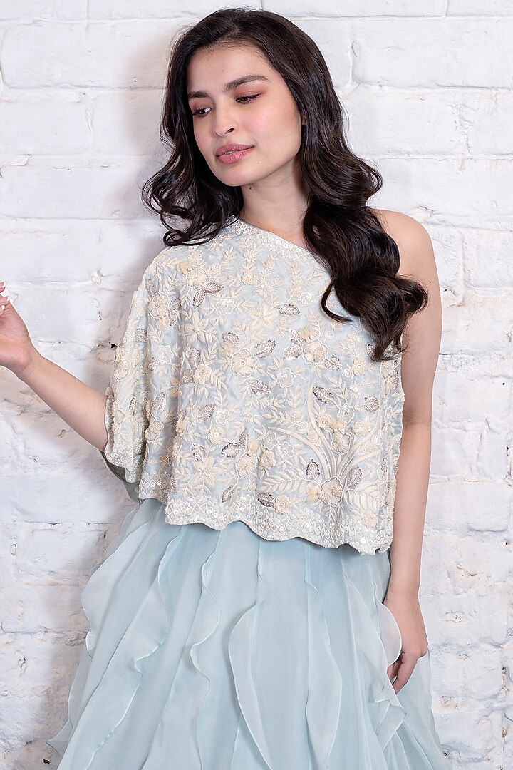 Turquoise Blue Silk Organza Ruffled Wedding Lehenga Set by Vasavi Shah at Pernia's Pop Up Shop