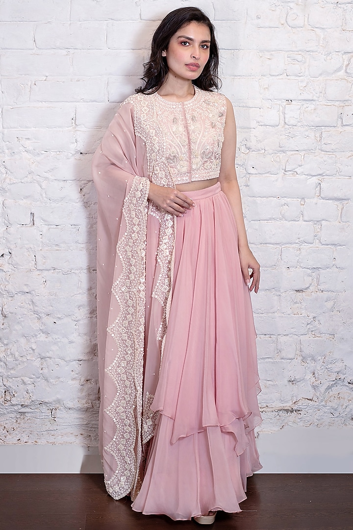 Blush Pink Silk Organza Layered Lehenga Set by Vasavi Shah