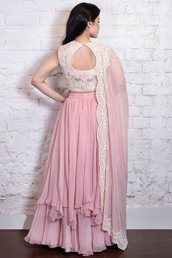 Blush Pink Silk Organza Layered Wedding Lehenga Set by Vasavi Shah at Pernia's Pop Up Shop