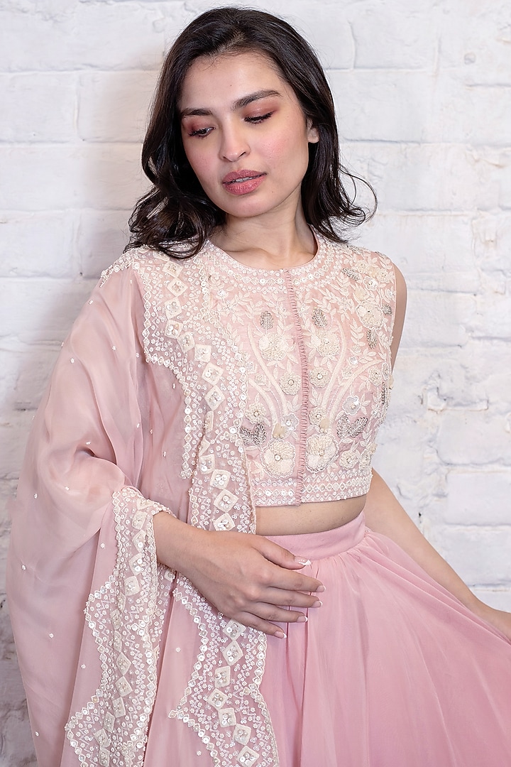 Blush Pink Silk Organza Layered Wedding Lehenga Set by Vasavi Shah at Pernia's Pop Up Shop
