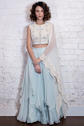 Turquoise Blue Silk Organza Layered Lehenga Set by Vasavi Shah