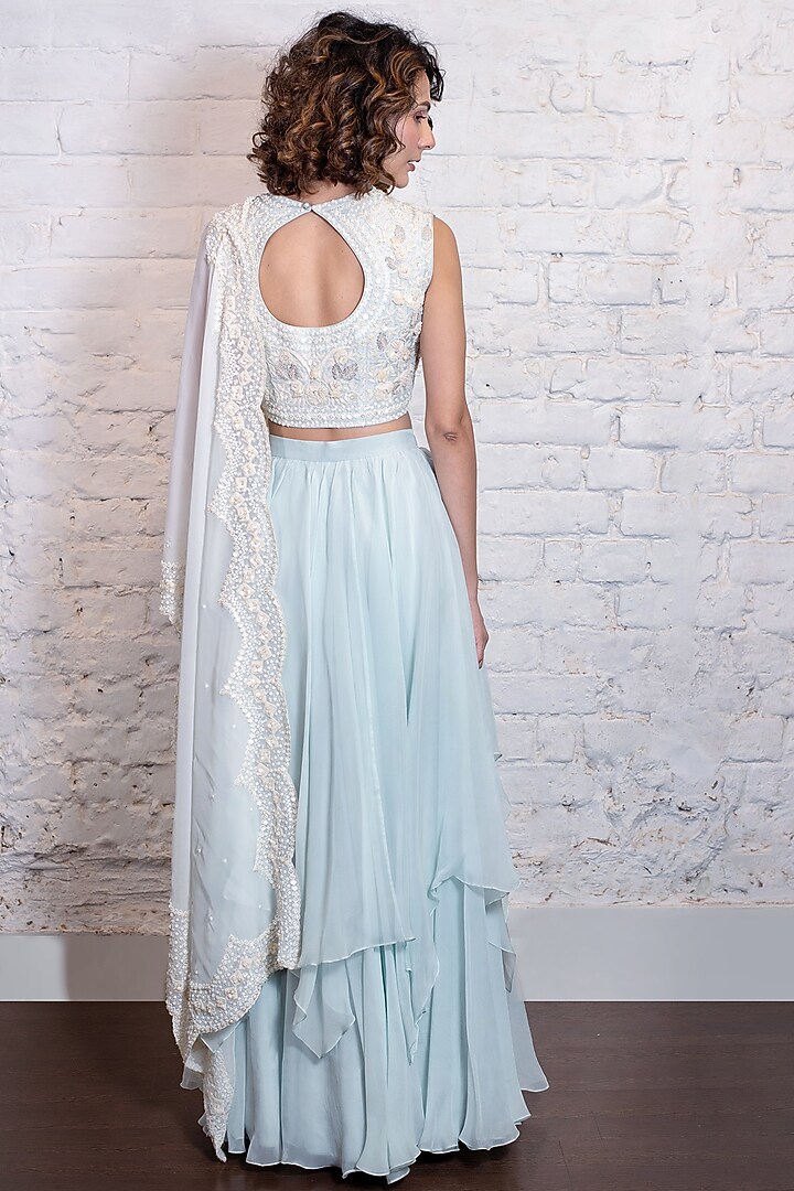 Turquoise Blue Silk Organza Layered Wedding Lehenga Set by Vasavi Shah at Pernia's Pop Up Shop