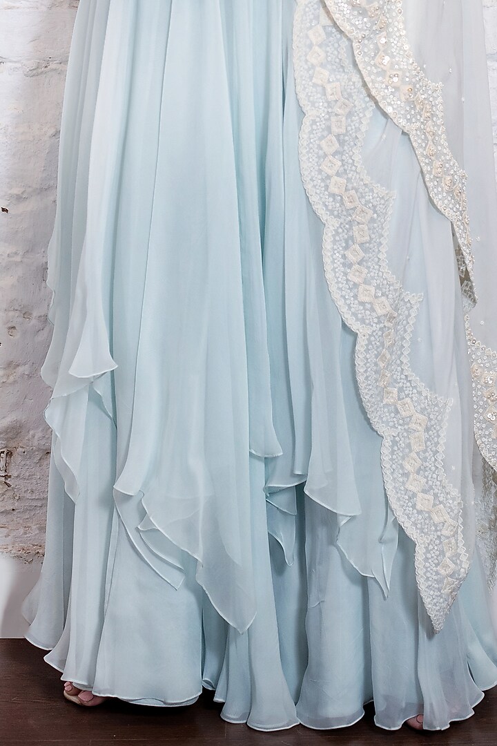 Turquoise Blue Silk Organza Layered Wedding Lehenga Set by Vasavi Shah at Pernia's Pop Up Shop