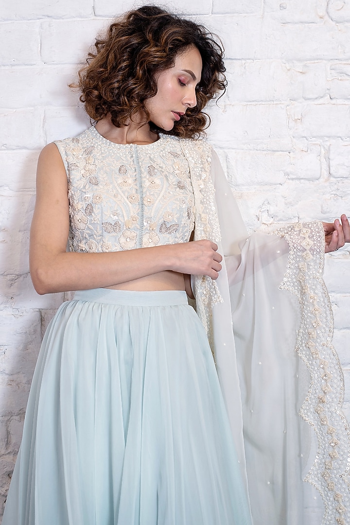 Turquoise Blue Silk Organza Layered Wedding Lehenga Set by Vasavi Shah at Pernia's Pop Up Shop
