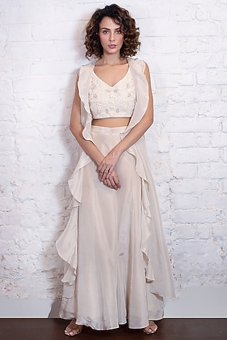 Ivory Tissue Silk Ruffled Jacket Set by Vasavi Shah
