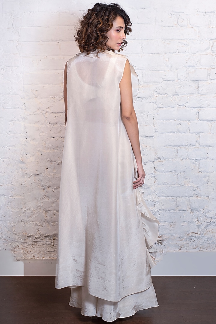Ivory Tissue Silk Ruffled Jacket Set by Vasavi Shah at Pernia's Pop Up Shop